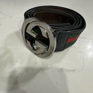 Gucci Auth Men 40 in 100 cm Black Leather Web Belt Silver GG Buckle Bag MINT